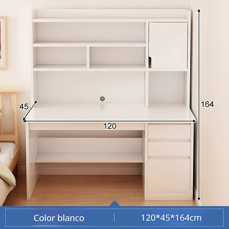 Escritorio con Estantería y Cajones 120x45x164cm. Mueble Multifuncional para Oficina o Dormitorio. Color blanco.