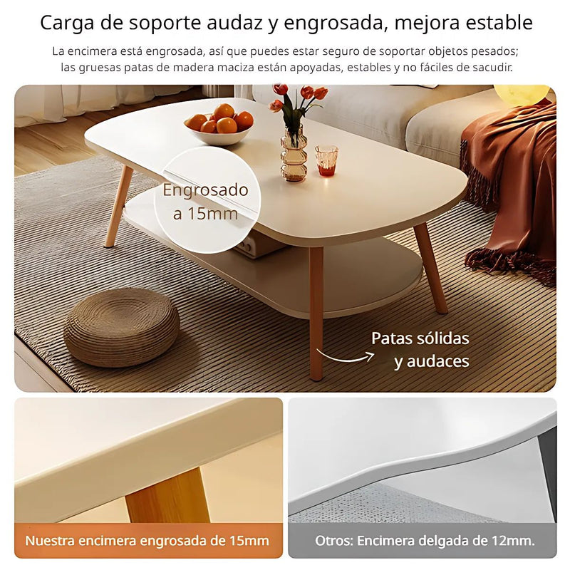 Mesa de Centro Moderna con Repisa Inferior 100x50x42cm. Esquinas Redondeadas. Color blanco.