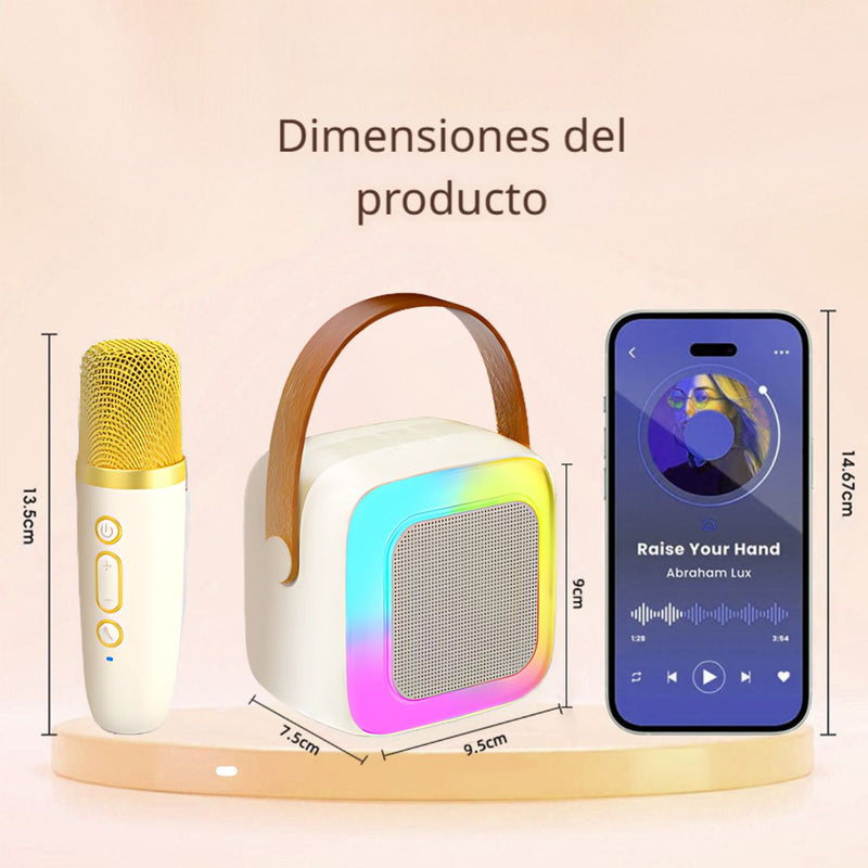 Karaoke Portátil con Micrófonos Inalámbricos y Luces LED. Bocina Parlante Bluetooth. Duración de Batería de 6 a 8 Horas.