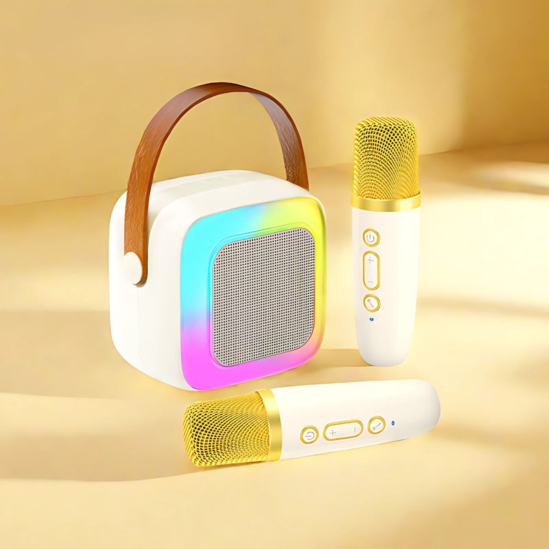 Karaoke Portátil con Micrófonos Inalámbricos y Luces LED. Bocina Parlante Bluetooth. Duración de Batería de 6 a 8 Horas.