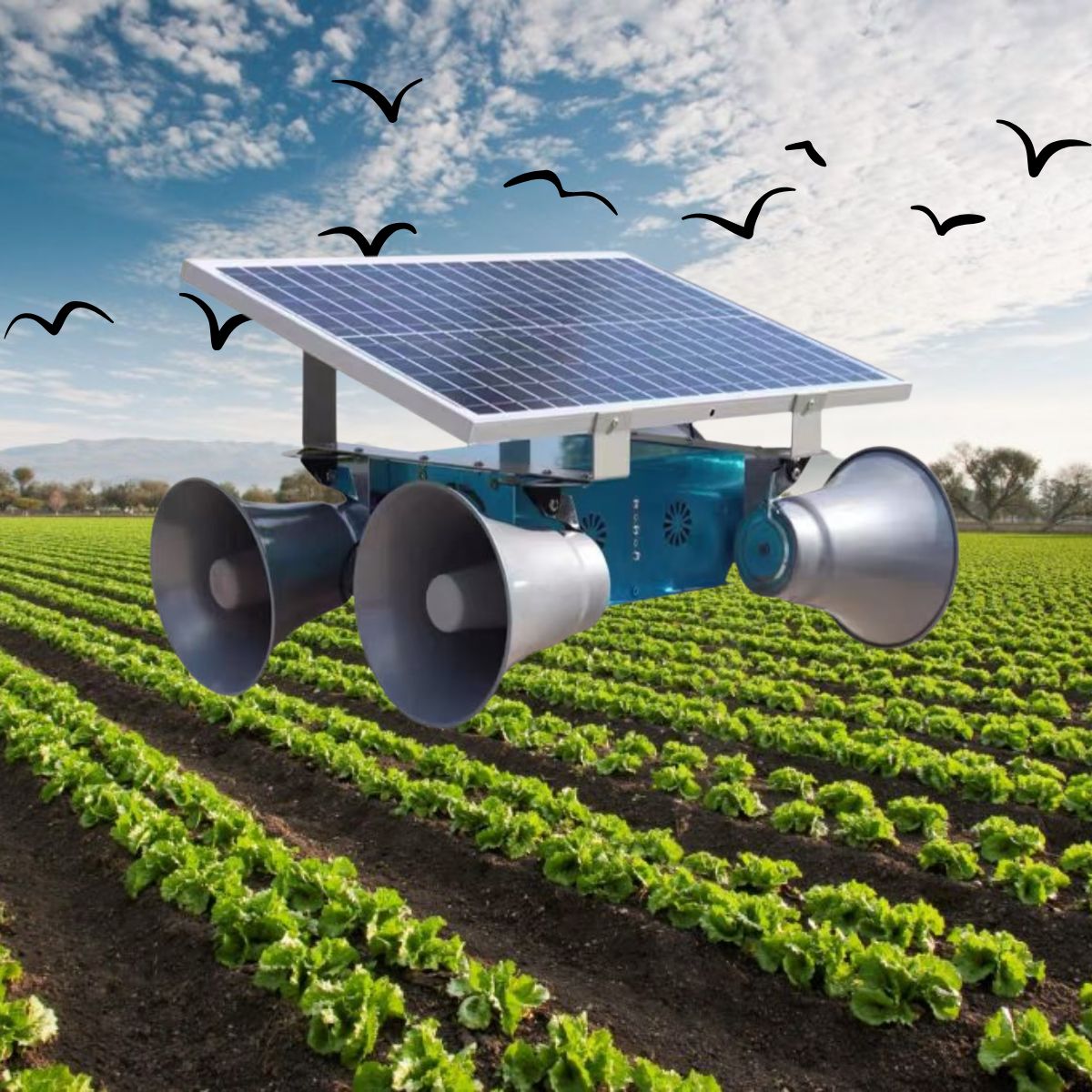 Repelente de Aves con panel solar. Ahuyentador de pájaros con sonido. 150W (DC), Amplificador 30W de 4 altavoces. Ideal para proteger cultivos. Espantapajaros.