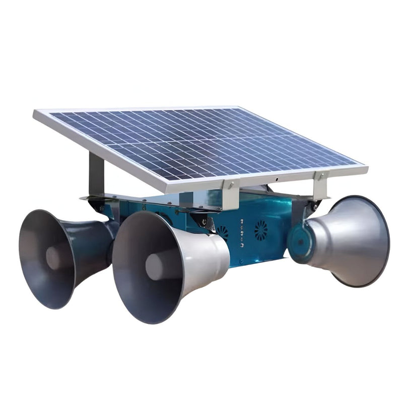 Repelente de Aves con panel solar. Ahuyentador de pájaros con sonido. 150W (DC), Amplificador 30W de 4 altavoces. Ideal para proteger cultivos. Espantapajaros.