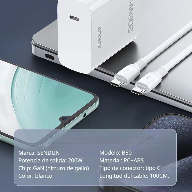 Cargador Con Puerto Tipo-C. Carga Rápida De 200W. Cable de 1m de Longitud.