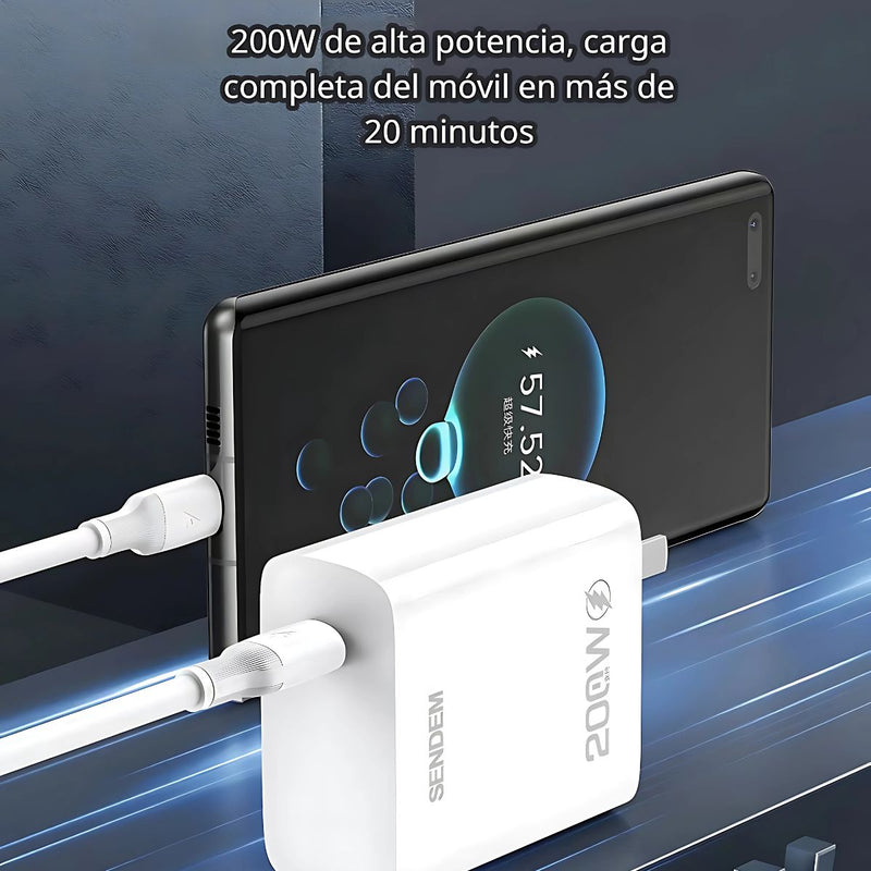 Cargador Con Puerto Tipo-C. Carga Rápida De 200W. Cable de 1m de Longitud.
