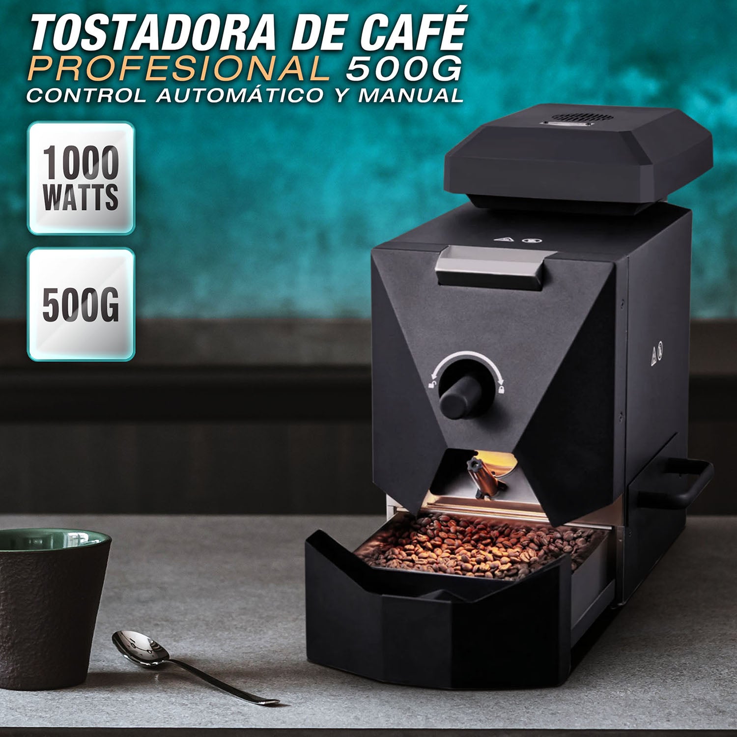 Tostadora de Café Profesional 500g. Máquina Tostadora de Café en Grano 1000W. Control Automático y Manual.