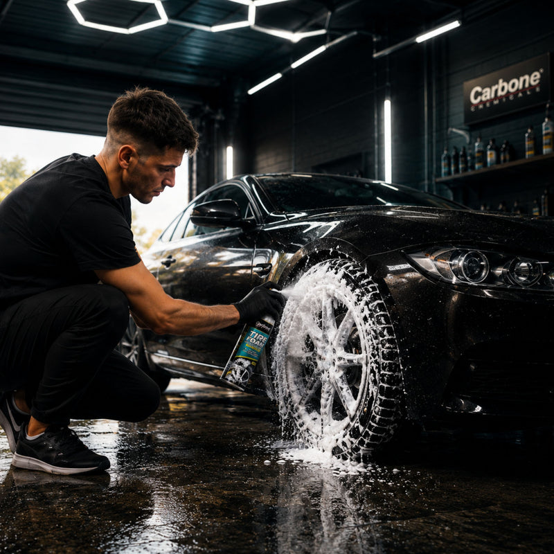 Espuma Limpiadora Tire Foam para LLantas 650ml Alta Brillantez. Spray Abrillantador y Protector de Neumáticos de Autos y Motos con Efecto Negro Intenso