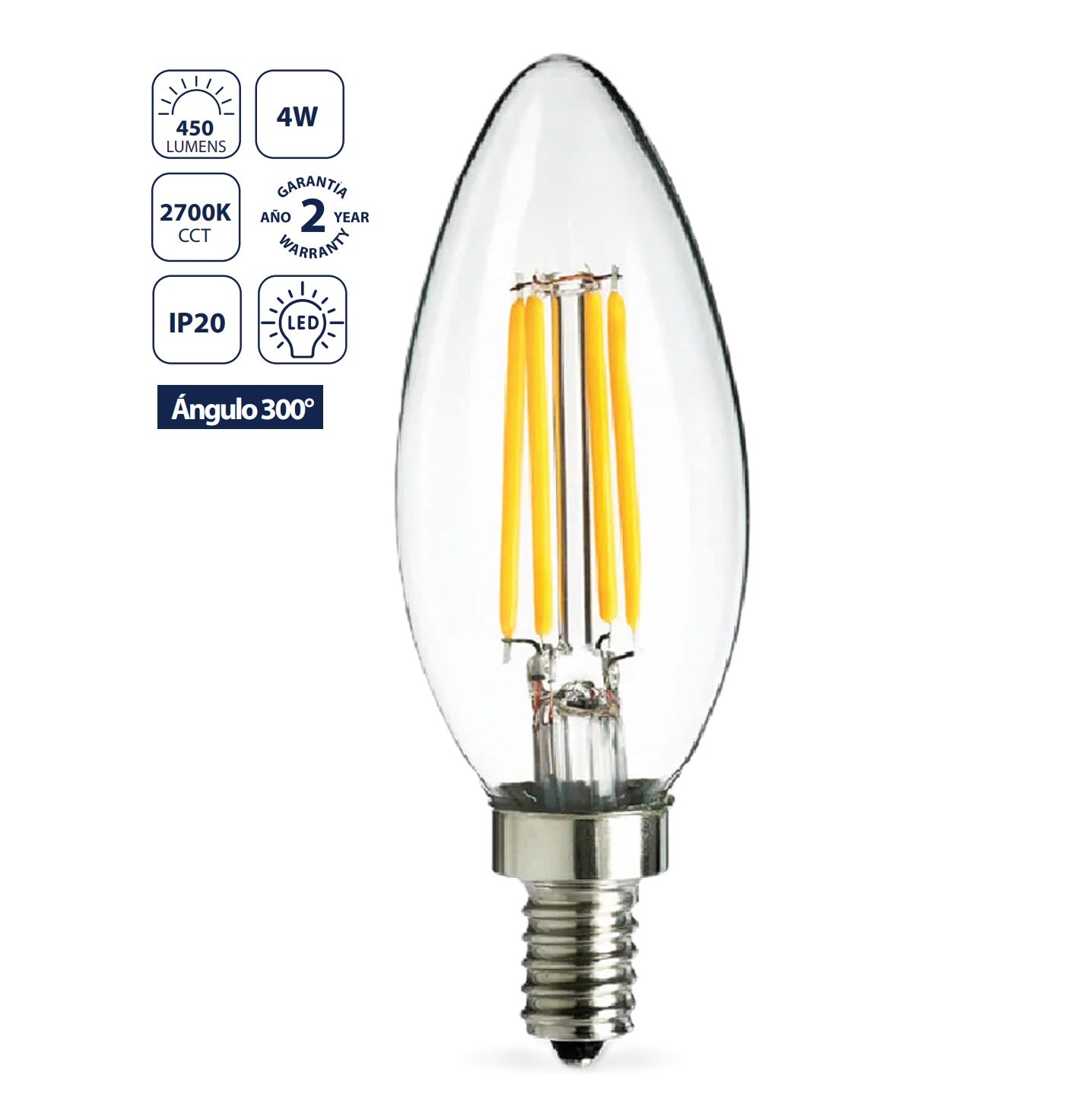 Bombillo Filamento LED C35 E12 4W 2700K Luz Cálida CRI>80, 450 lm, 300°, 35x115mm,Transparente. Foco Vela.