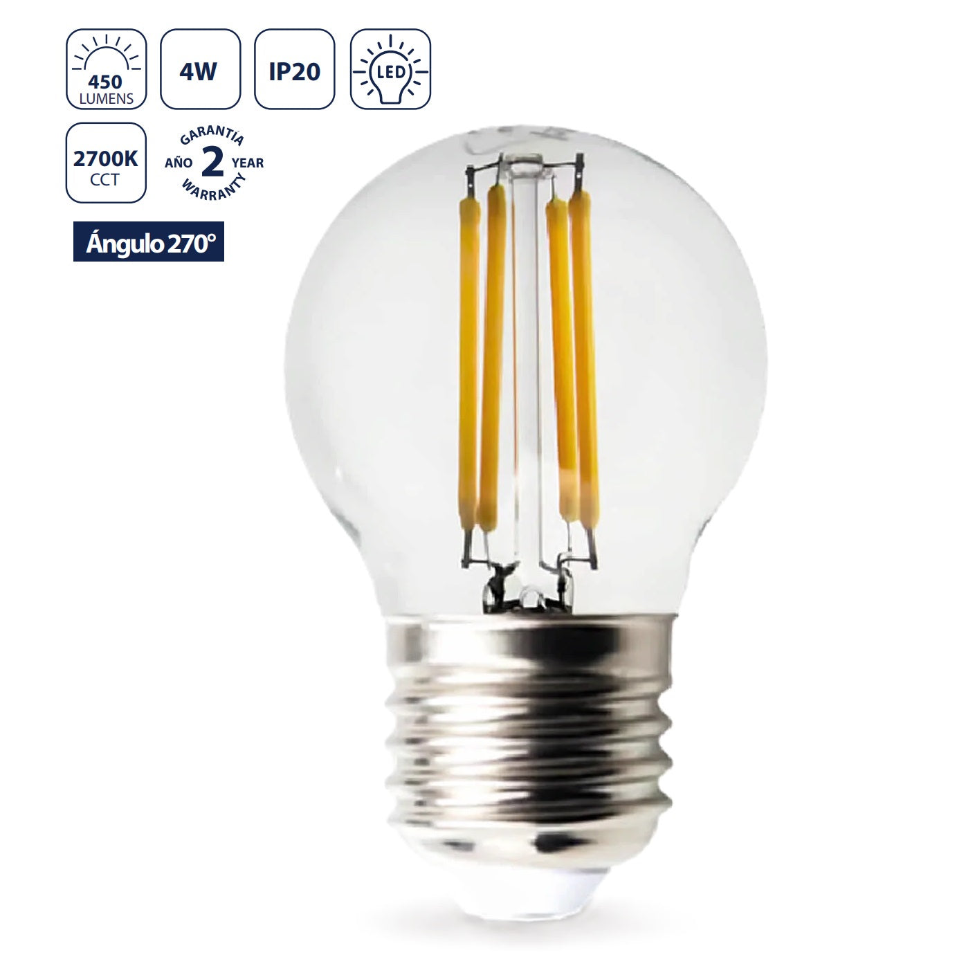 Bombillo Filamento LED G45 E27 4W 2700K - Luz Cálida CRI>80, Encendido Inmediato, 450 lm,Transparente. Foco