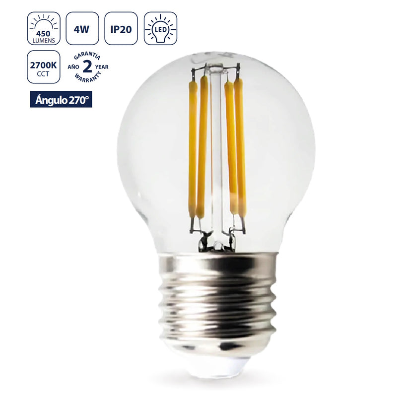Bombillo Filamento LED G45 E27 4W 2700K - Luz Cálida CRI>80, Encendido Inmediato, 450 lm,Transparente. Foco