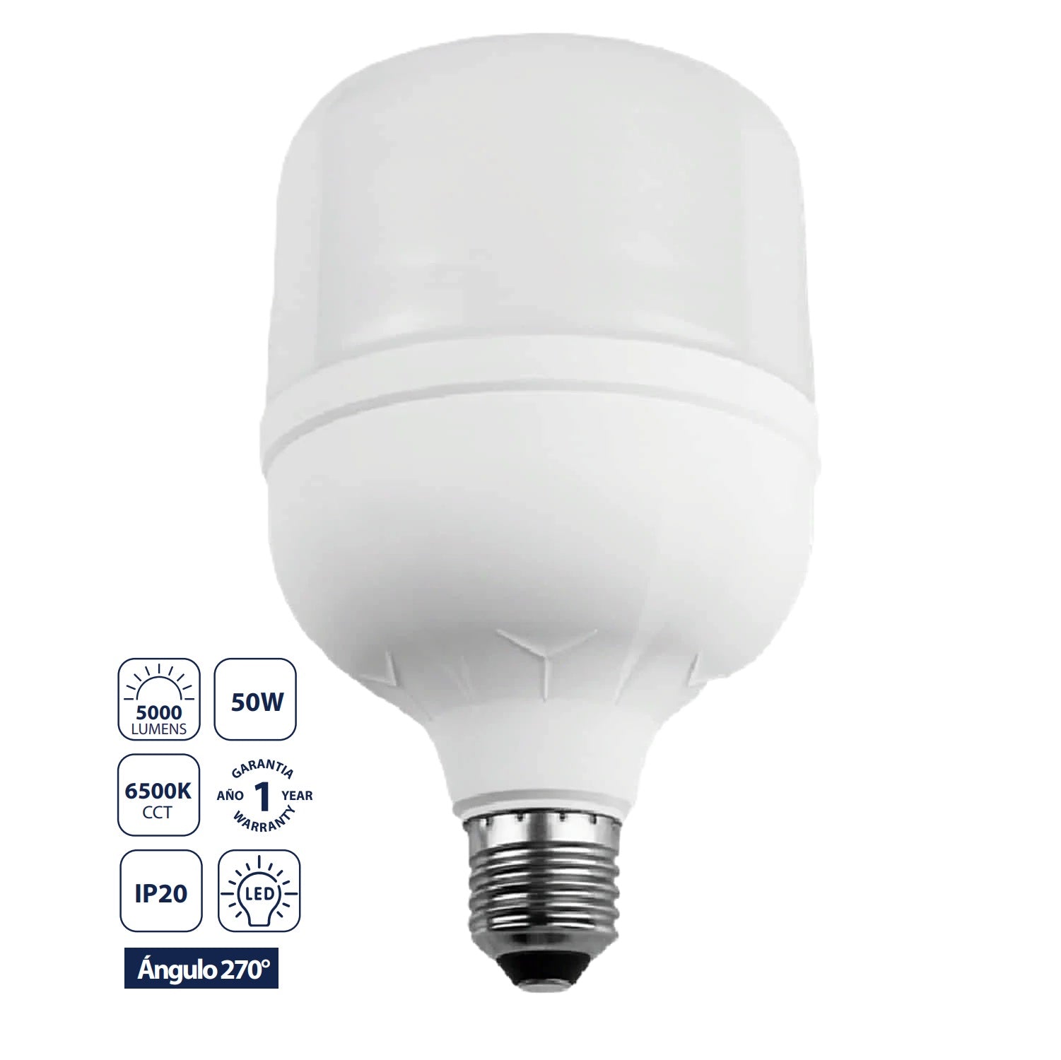 Bombillo LED T Alta Potencia 50W 6500K Luz Fría Base E27 5000 lm, PBT-Aluminio, Encendido Instantáneo. Foco