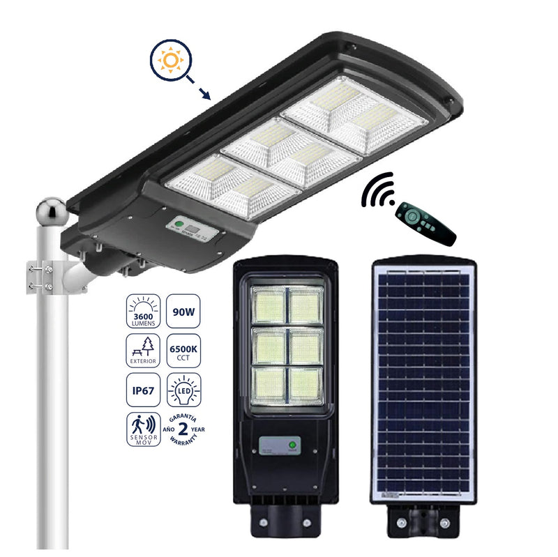 Lámpara de Calle Solar LED 90W, 3600 lm, 6500K Fría. Sensor de Movimiento. Eficiencia en Exteriores. Luminaria.
