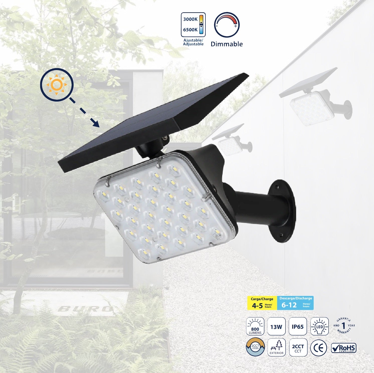 Estaca Solar LED Negra 13W - 800 Lumens, CCT 3000K/6500K. Sensor de movimiento. Lámpara estaca solar.