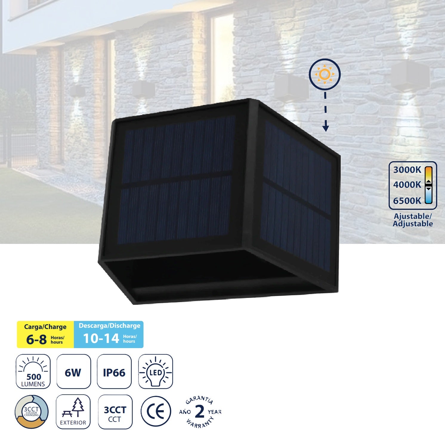 Lámpara de Pared Solar LED 6W CCT, 500lm, 3000K/4000K/6500K, 155x100x97mm, Batería 3.7V 2000mAh Luz. solar para exteriores.