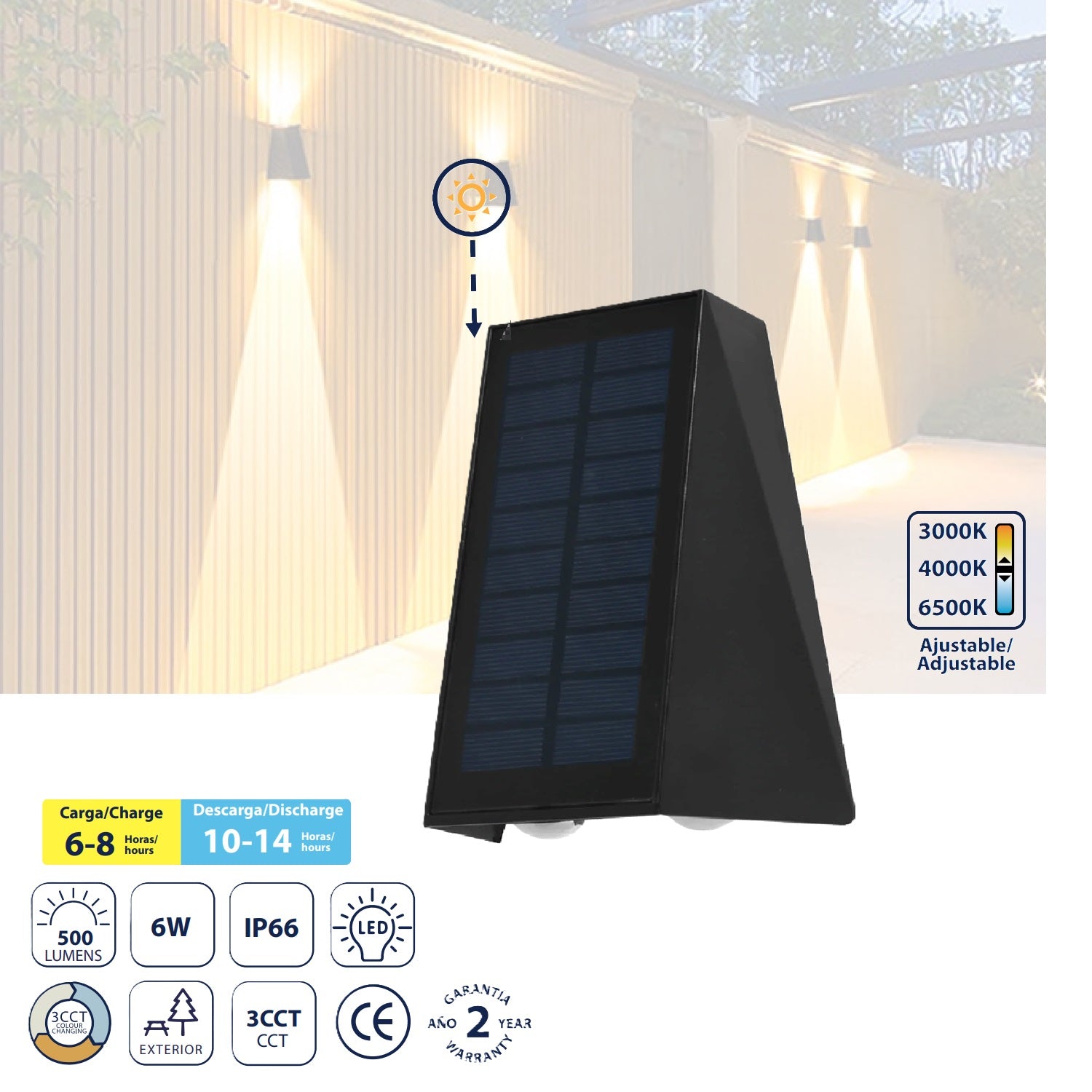 Lámpara de pared solar LED 6W 500lm, 3000K ,4000K, 6500K, 160x120x85mm. Batería 3.7V/1500mAh. Luz solar para exteriores.