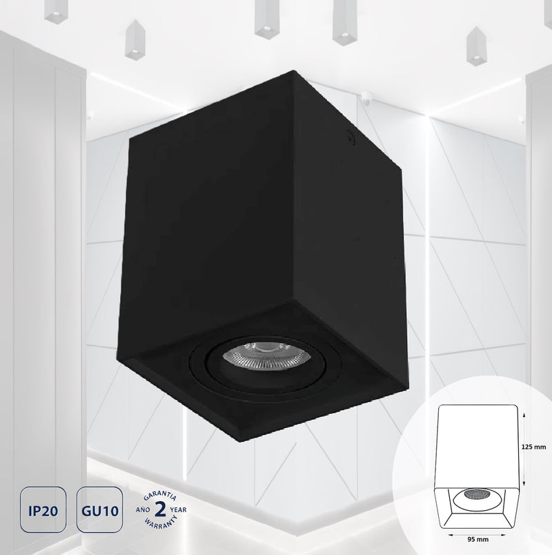 Lámpara de techo 1XGU10 superficie negra cuadrado. Diseño simple. Ideal para interiores. Foco de Techo Cuadrado.