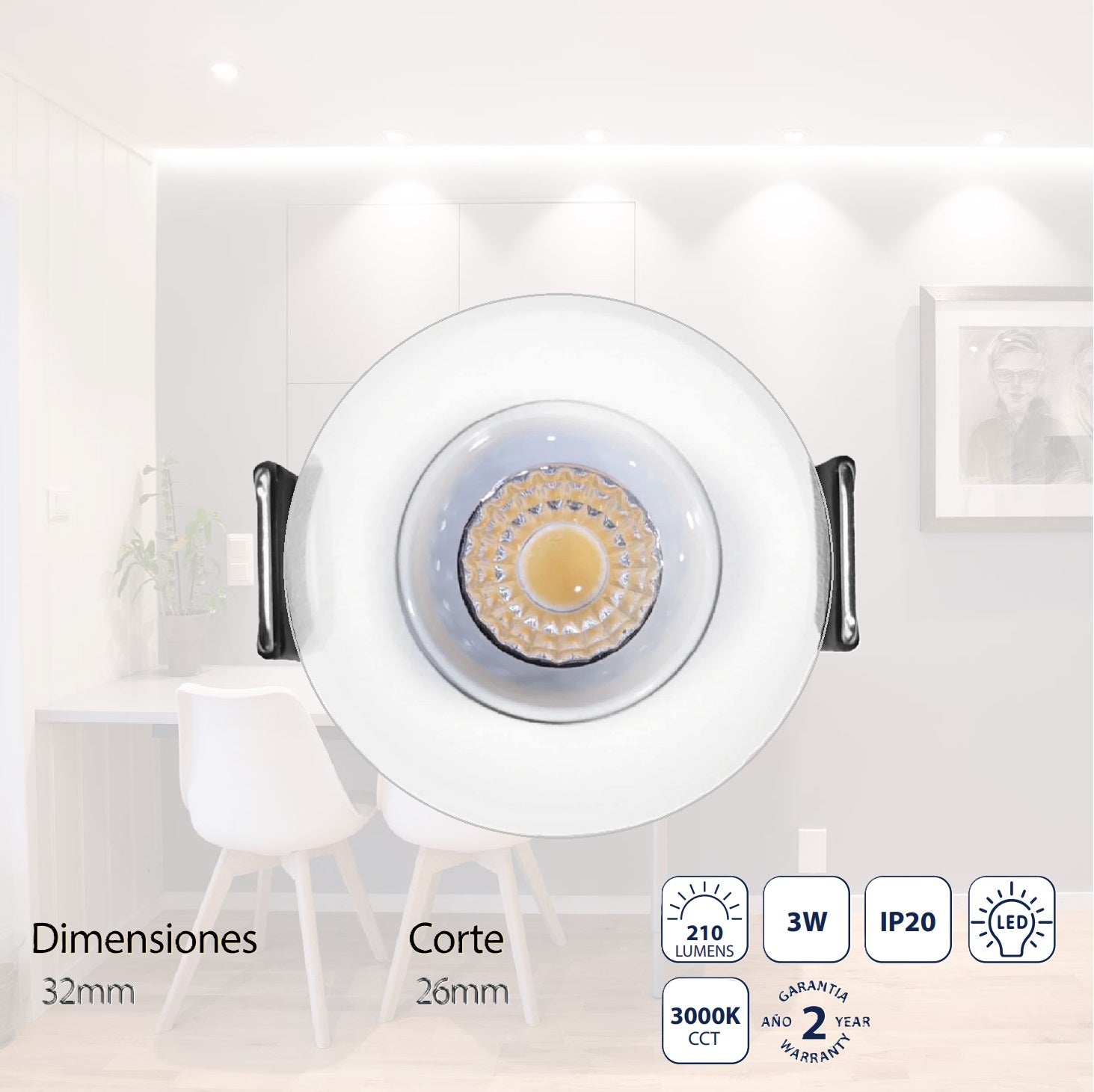 Lámpara Mini Ojo de Buey LED 3W 3000K, Compacta y Eficiente para Interiores y Exteriores. Empotrable.