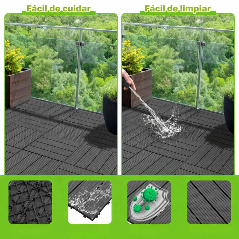 Baldosas Deck WPC 30x30 cm Pack 8 Piezas. Piso Exterior Madera Plástico PP Resistente al Agua y UV. Sistema Encaje Fácil. Uso Jardín Terraza Patio Color Gris Oscuro