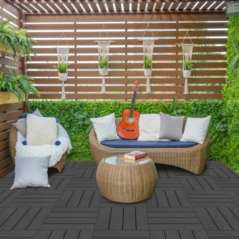 Baldosas Deck WPC 30x30 cm Pack 8 Piezas. Piso Exterior Madera Plástico PP Resistente al Agua y UV. Sistema Encaje Fácil. Uso Jardín Terraza Patio Color Gris Oscuro