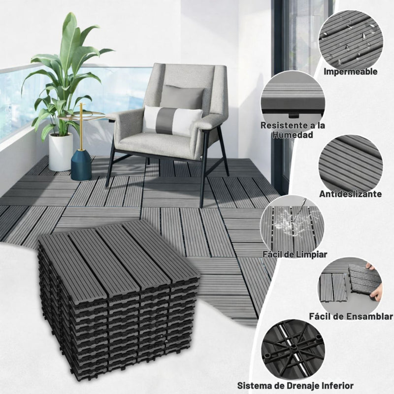 Baldosas Deck WPC 30x30 cm Pack 8 Piezas. Piso Exterior Madera Plástico PP Resistente al Agua y UV. Sistema Encaje Fácil. Uso Jardín Terraza Patio Color Gris Oscuro