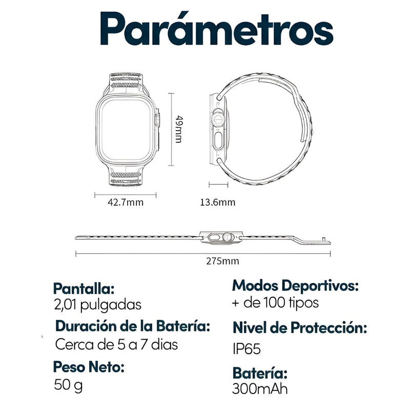 Smartwatch Deportivo 49mm con Llamadas Bluetooth. Reloj Inteligente con Pantalla 2.01”, NFC y Monitoreo de Salud. Resistente IP65.