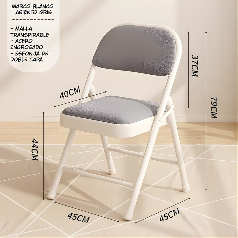 Silla Plegable Reforzada en Acero (79×45×45cm). Marco Blanco y Asiento Gris. Esponja de Doble Capa y Malla Transpirable.