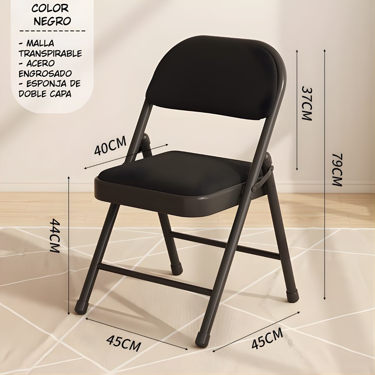 Silla Plegable Reforzada en Acero (79×45×45cm). Color negro. Esponja de Doble Capa y Malla Transpirable.