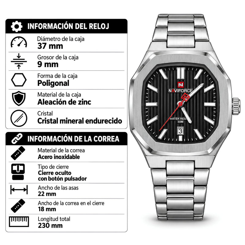 Naviforce Reloj de Cuarzo Color Negro y plateado con correa de Acero Inoxidable con Pantalla de Vidrio, Movimiento Japonés y Calendario.