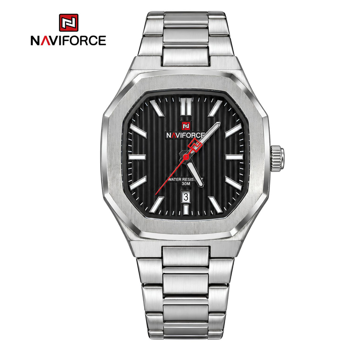 Naviforce Reloj de Cuarzo Color Negro y plateado con correa de Acero Inoxidable con Pantalla de Vidrio, Movimiento Japonés y Calendario.