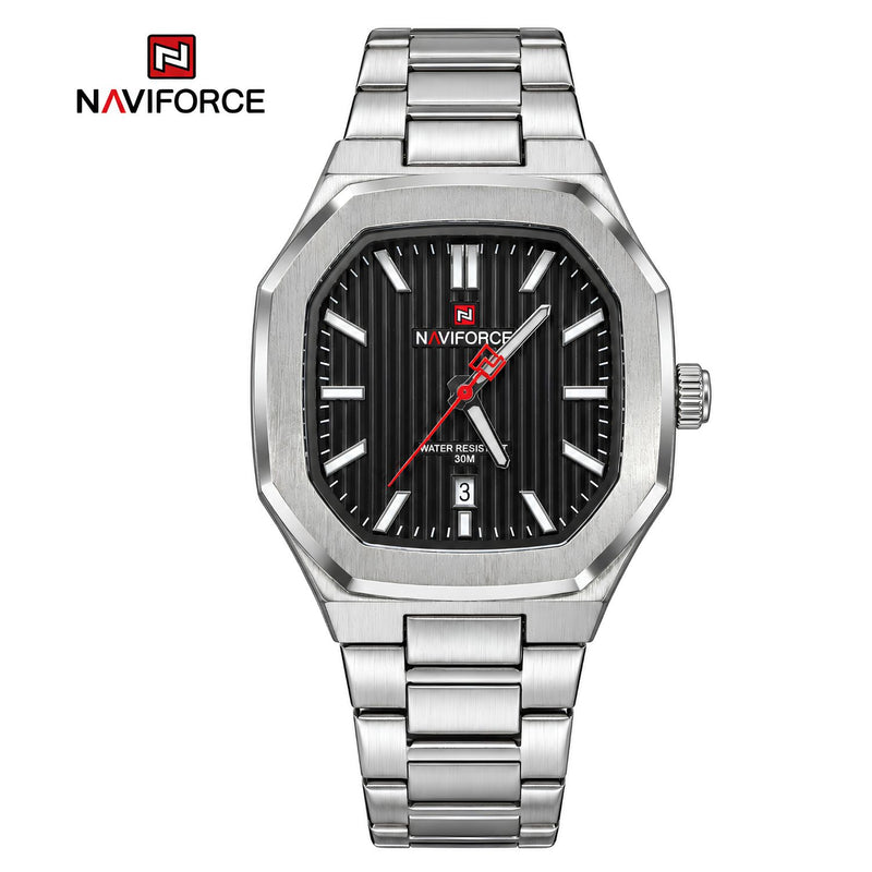 Naviforce Reloj de Cuarzo Color Negro y plateado con correa de Acero Inoxidable con Pantalla de Vidrio, Movimiento Japonés y Calendario.