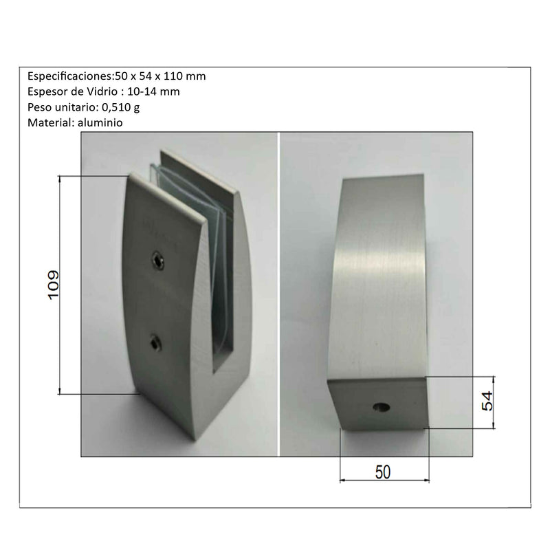 Soporte clip para barandas de vidrio 10-14 mm. Aluminio satinado
