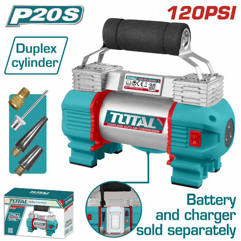 Compresor de Aire Automático inalámbrico 20V. Presión máx. 120 PSI (8.27 Bar). No incluye batería ni cargador.