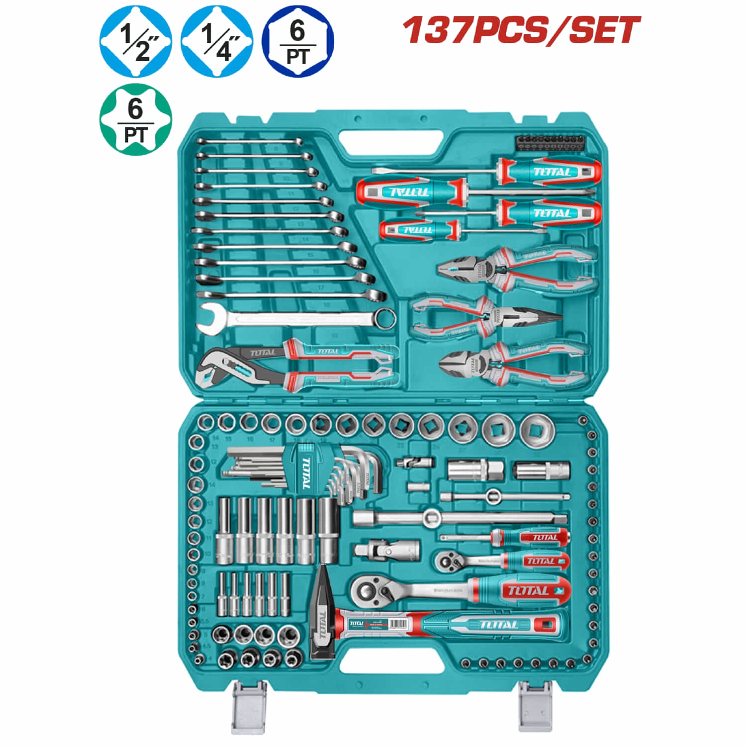 Juego De Herramientas Surtidas. Set de 137 Piezas (Dados, Ratchet, Llaves, Alicates, Martillo, Barras, Adaptadores, Destornilladores, Bits) Kit 1/4" Y 1/2"