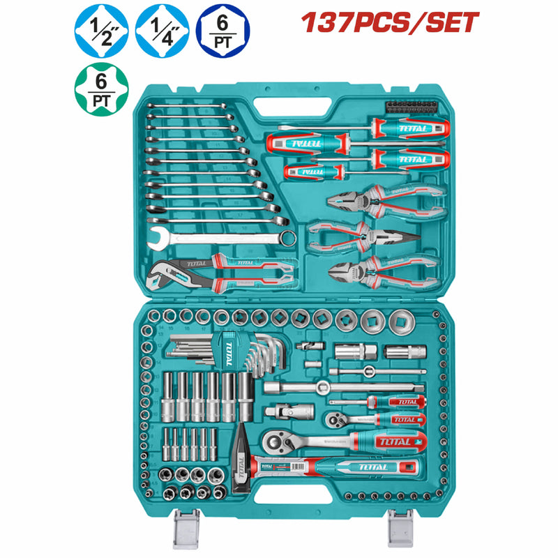 Juego De Herramientas Surtidas. Set de 137 Piezas (Dados, Ratchet, Llaves, Alicates, Martillo, Barras, Adaptadores, Destornilladores, Bits) Kit 1/4" Y 1/2"