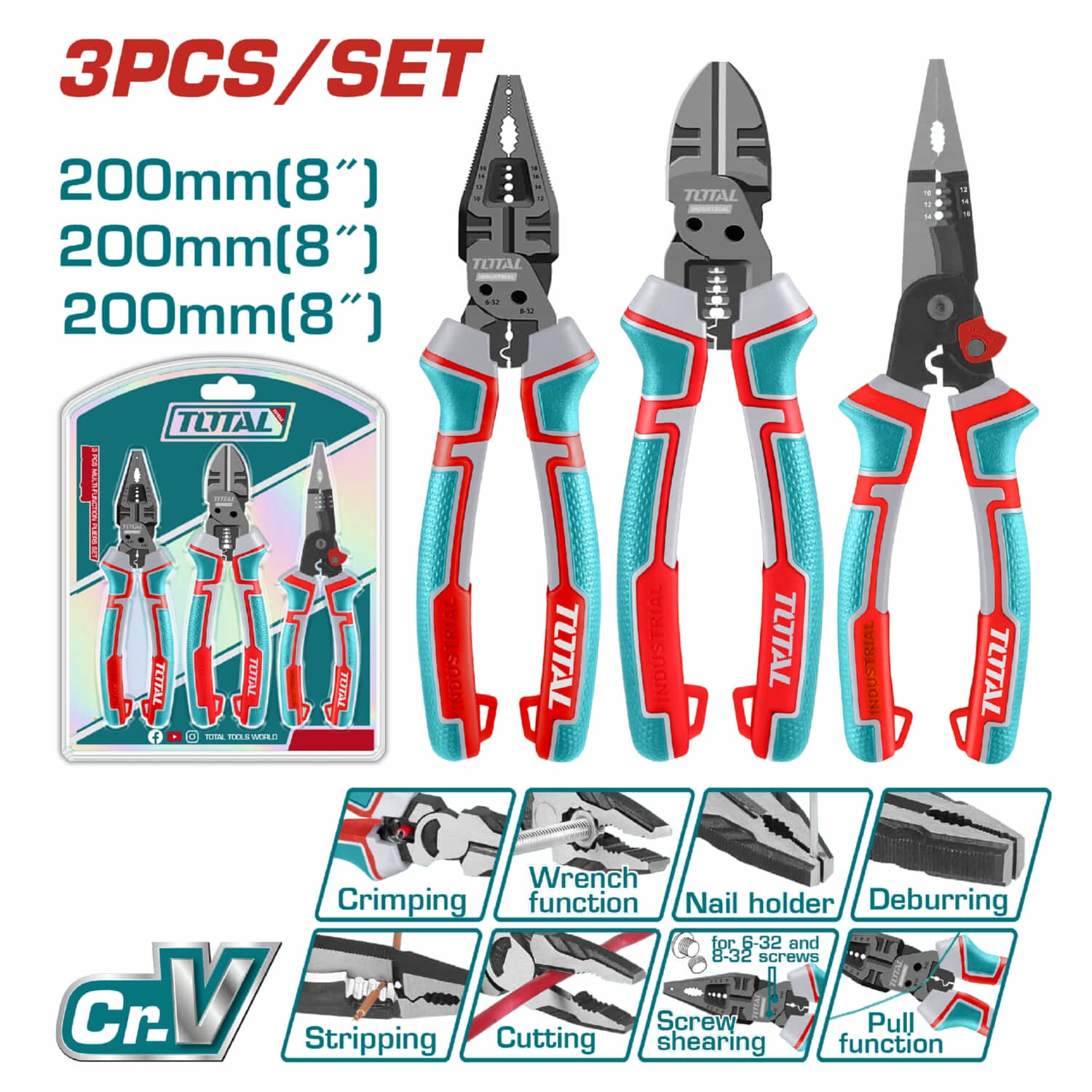 Alicates Multifuncionales (Combinado, Punta Larga, Corte Diagonal) Cr-V con Mango Ergonómico. Juego de 3 Piezas.