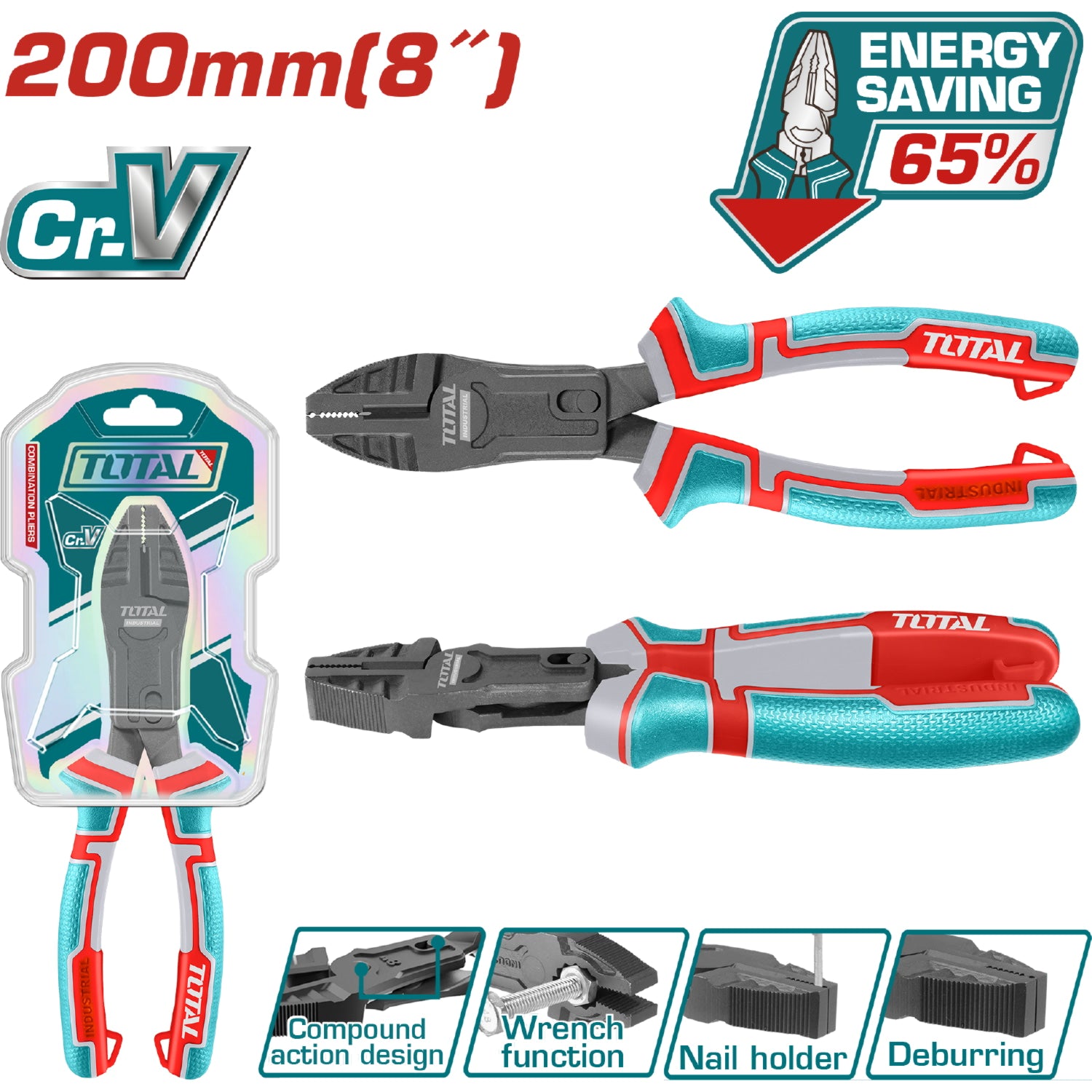 Alicates de combinacion acción compuesta 8" Cr-V. 65% ahorro de energía. Mango ergonómico