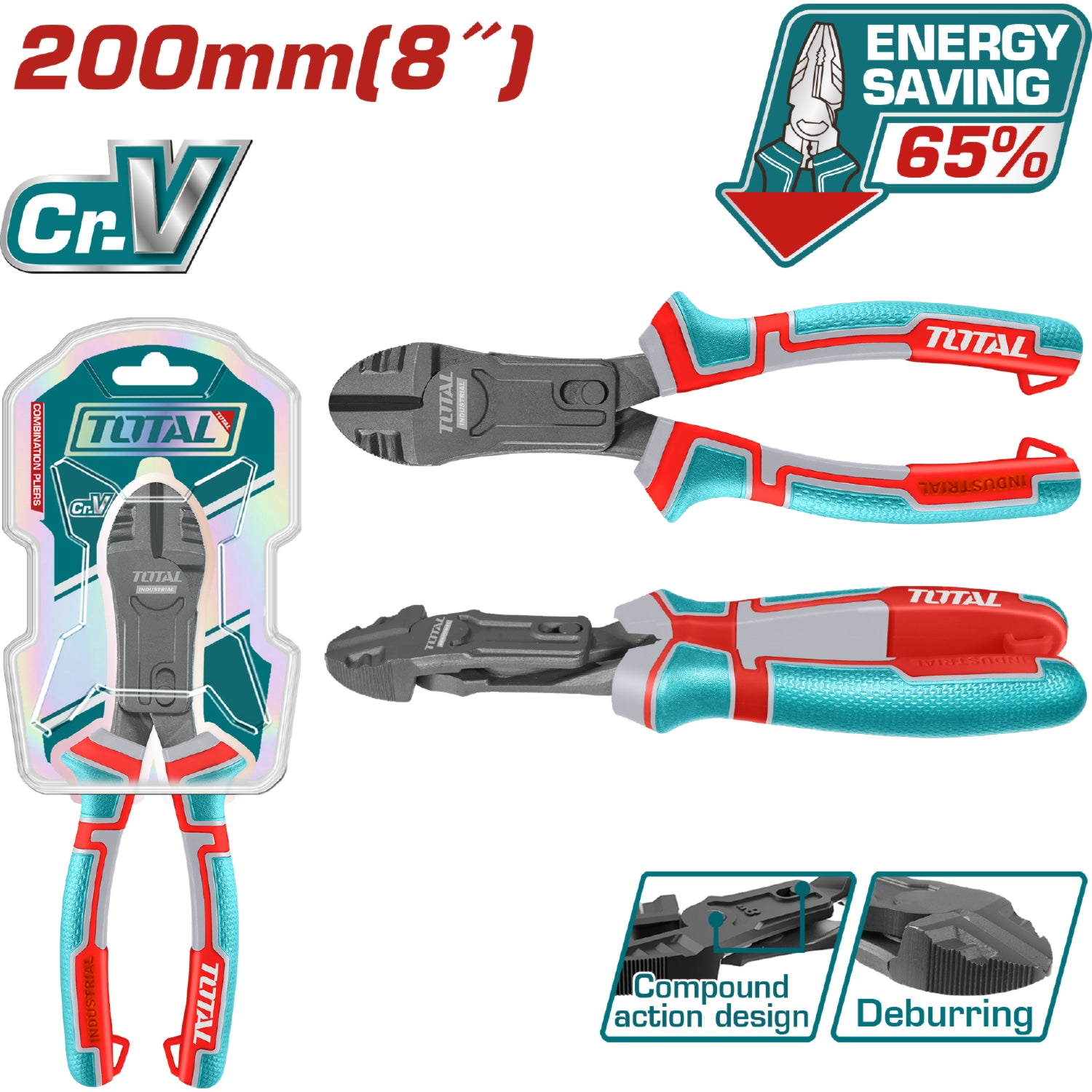 Alicates de corte diagonal de acción compuesta 8" Cr-V 65% ahorro de energía.