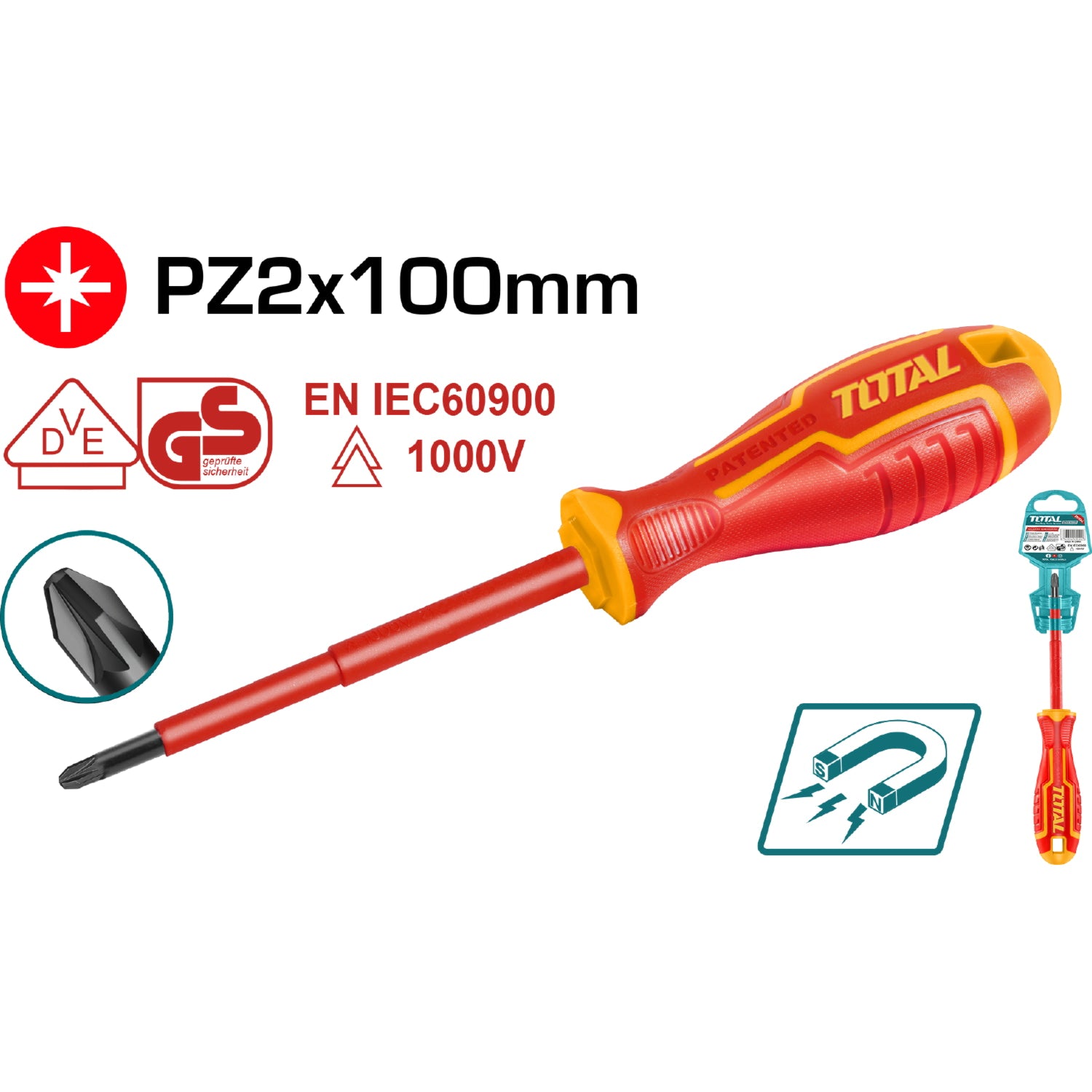 Destornillador Aislado Punta Pozidriv (PZ2x100mm). Magnético. CR-V 1000V. Mango redondo.