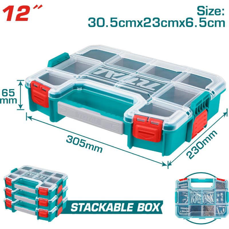 Organizador de caja Plástico 12" 305mmx230mmx65mm Apilable. Divisores removibles.