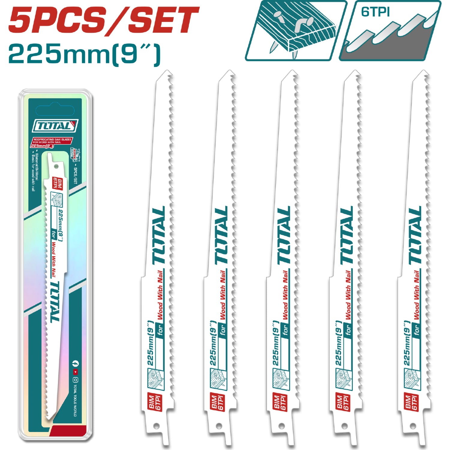 Hojas de sierra sable para madera con clavo 9" 6 TPI Set de 5 piezas.