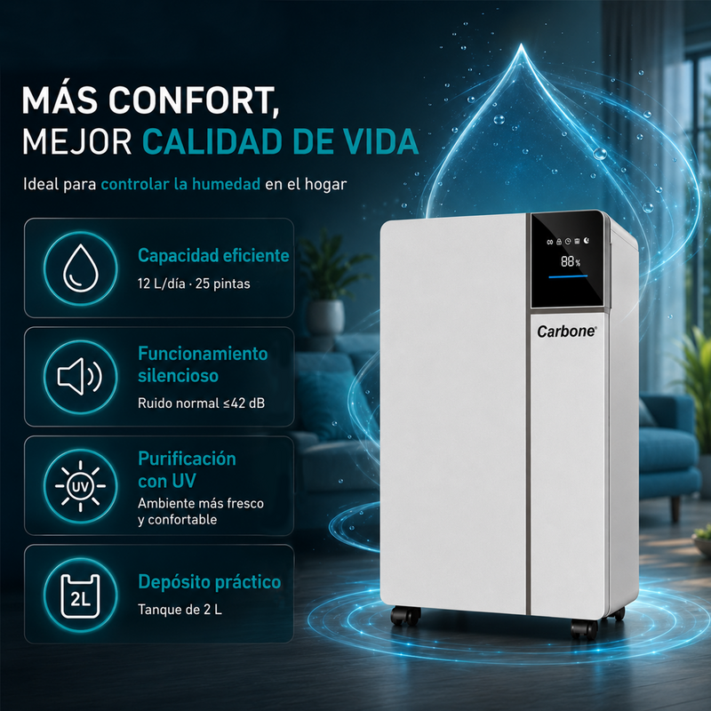 Deshumidificador Eléctrico 12 L/Día 25 Pintas Con Luz UV, Drenaje Continuo Y Timer 1–24 H. Ideal Para hogar y oficina 230W 110V.