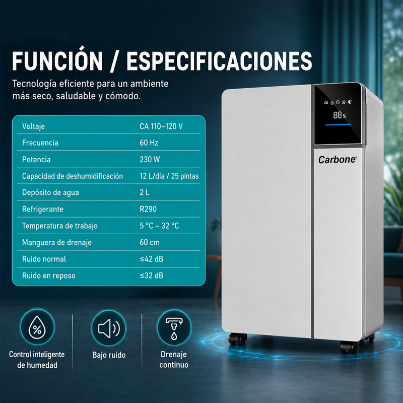 Deshumidificador Eléctrico 12 L/Día 25 Pintas Con Luz UV, Drenaje Continuo Y Timer 1–24 H. Ideal Para hogar y oficina 230W 110V.