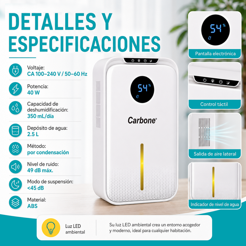 Deshumidificador Eléctrico 350ml/Día Para Áreas De 15–25M² Con Pantalla Táctil, Depósito De 2.5L y Temporizador 40W.