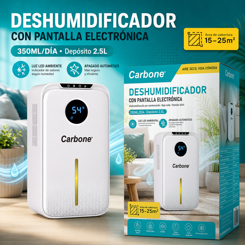 Deshumidificador Eléctrico 350ml/Día Para Áreas De 15–25M² Con Pantalla Táctil, Depósito De 2.5L y Temporizador 40W.