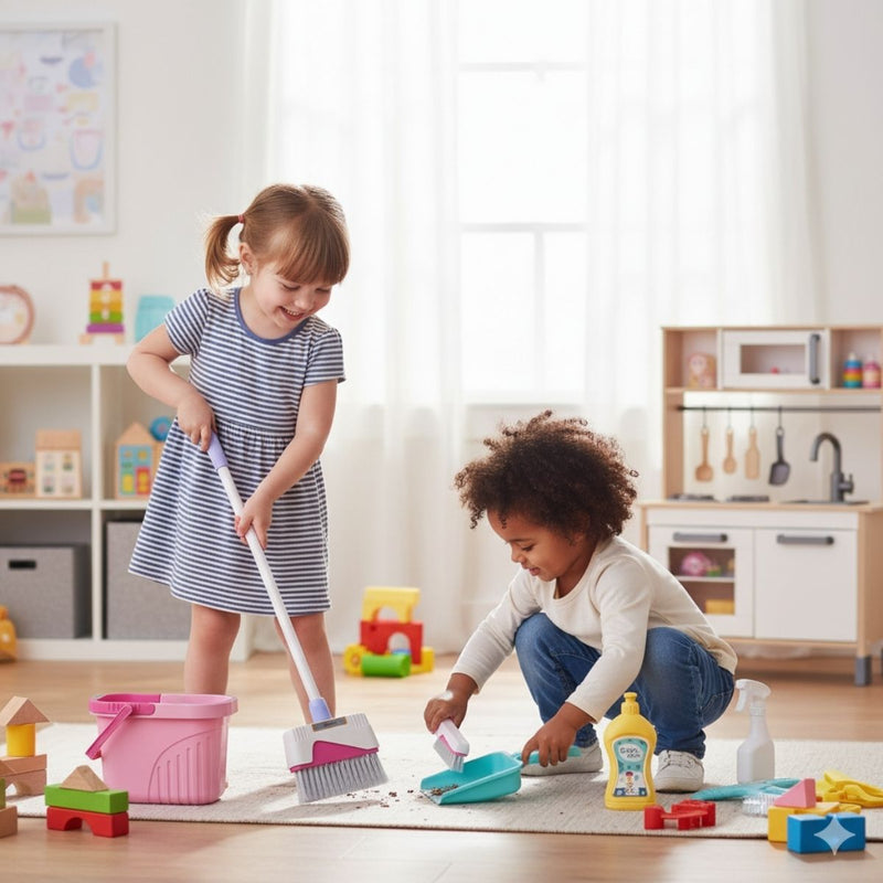 Juguete Juego De Herramientas De Limpieza Infantil. (Set de 8 piezas). Color Rosado.