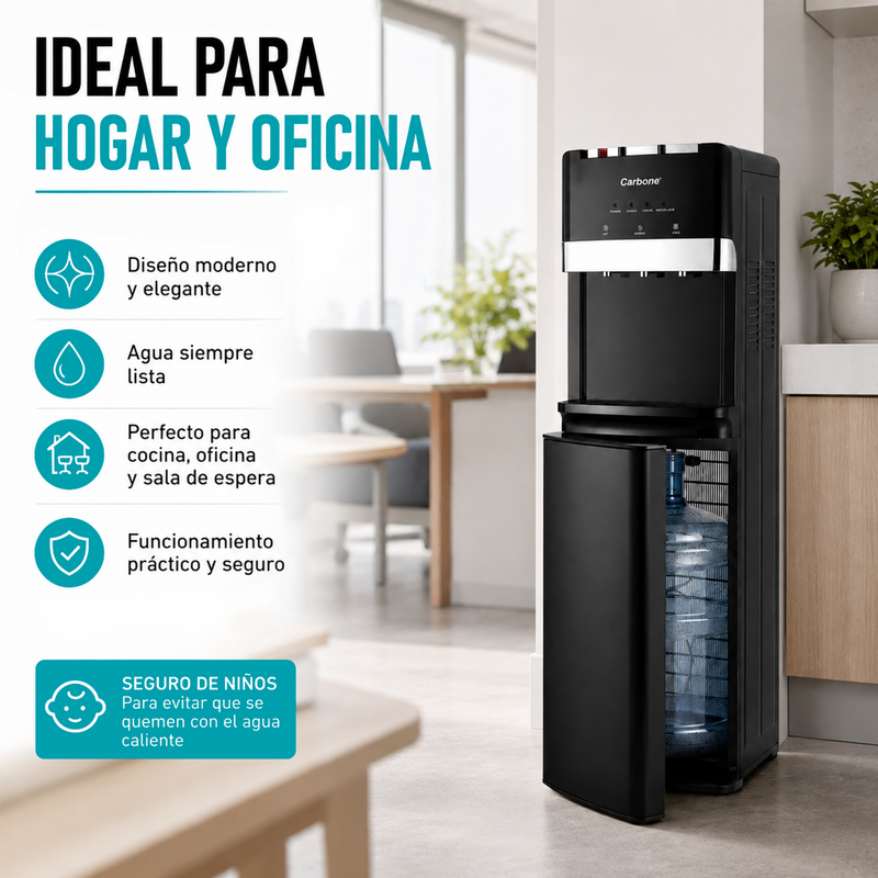 Dispensador de Agua Fría, natural y Caliente con Carga Bidón Inferior y Compresor 110V. Enfriamiento de 5°C a 10°C y Calentamiento Rápido 550W.
