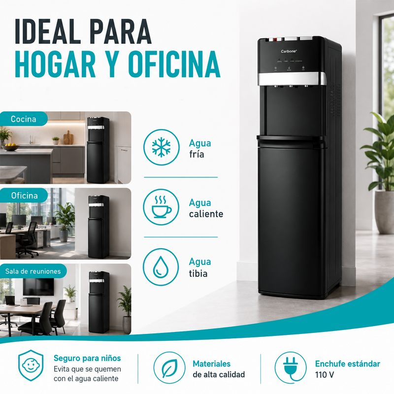 Dispensador de Agua Fría, natural y Caliente con Carga Bidón Inferior y Compresor 110V. Enfriamiento de 5°C a 10°C y Calentamiento Rápido 550W.