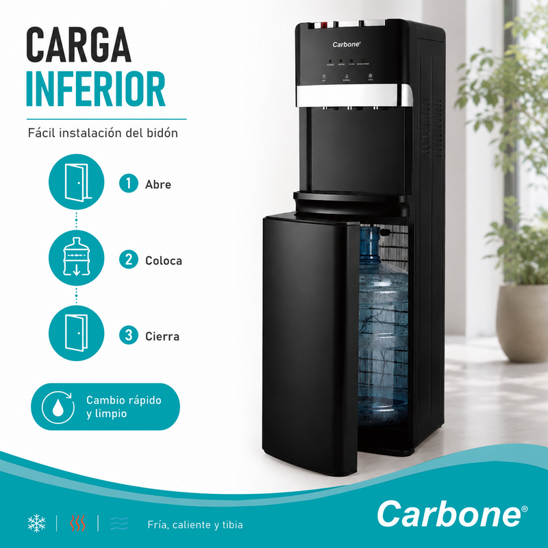 Dispensador de Agua Fría, natural y Caliente con Carga Bidón Inferior y Compresor 110V. Enfriamiento de 5°C a 10°C y Calentamiento Rápido 550W.
