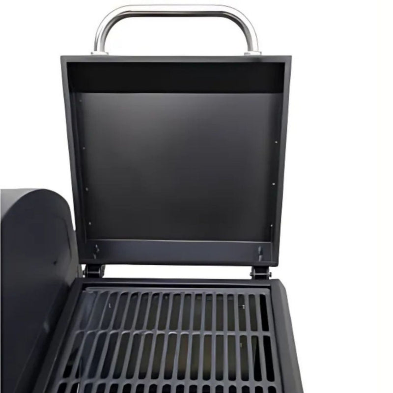 Parrilla híbrida de combustible dual gas y carbón 195 cm hierro con tapa, estante y caja de ahumado. Asador de Gas y Carbón Barbacoa asador