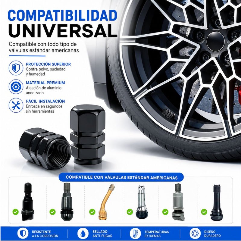 Tapones Universales para Válvula de Llanta en Aluminio Negro. Protectores Antipolvo para Auto, Moto, SUV y Bicicleta. Set de 4 Piezas.