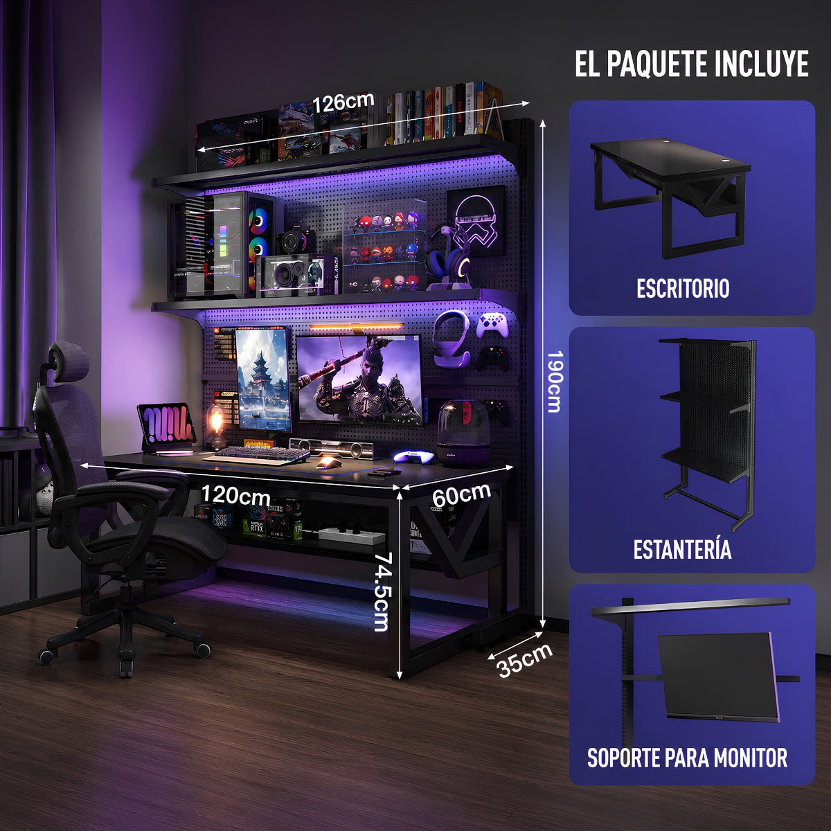 Mesa Escritorio Gamer 120x60cm con Panel Pegboard Metálico, Repisas Ajustables y Soporte Monitor VESA 100x100mm. Mesa Gaming Full Setup Negra (No Incluye Monitor)